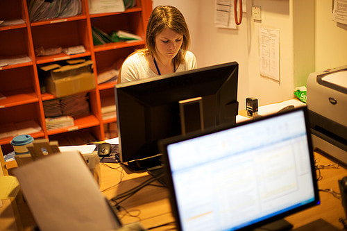 Photo. Young woman using a PC in an office